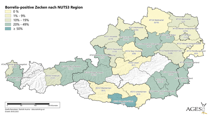 Borrelia-positive Zecken nach NUTS3 Region (Enlarges Image in Dialog Window)