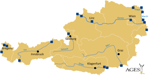 Standorte für Oberflächenwassermessung Österreich (Vergrößert das Bild in einem Dialog Fenster)