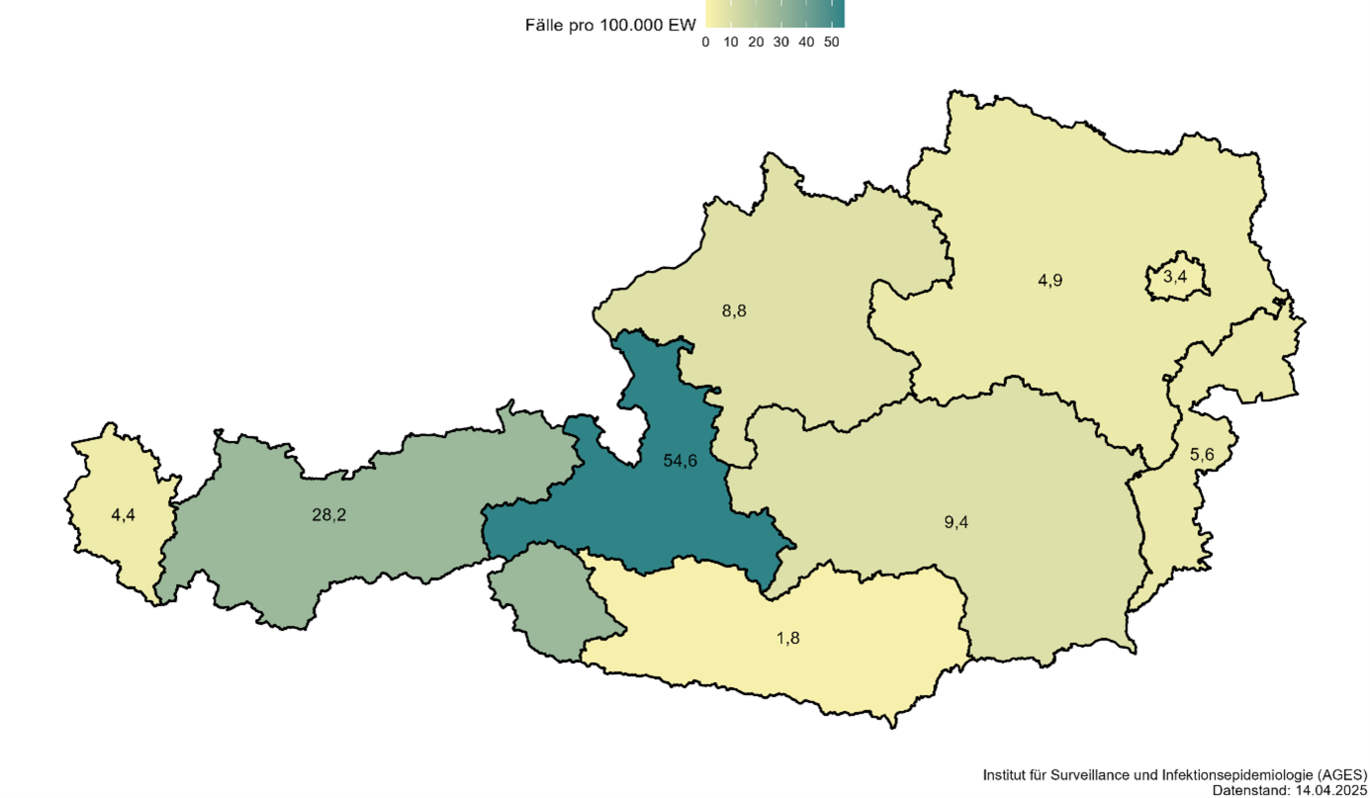 Pertussis incidence in 2025 per federal state (Enlarges Image in Dialog Window)