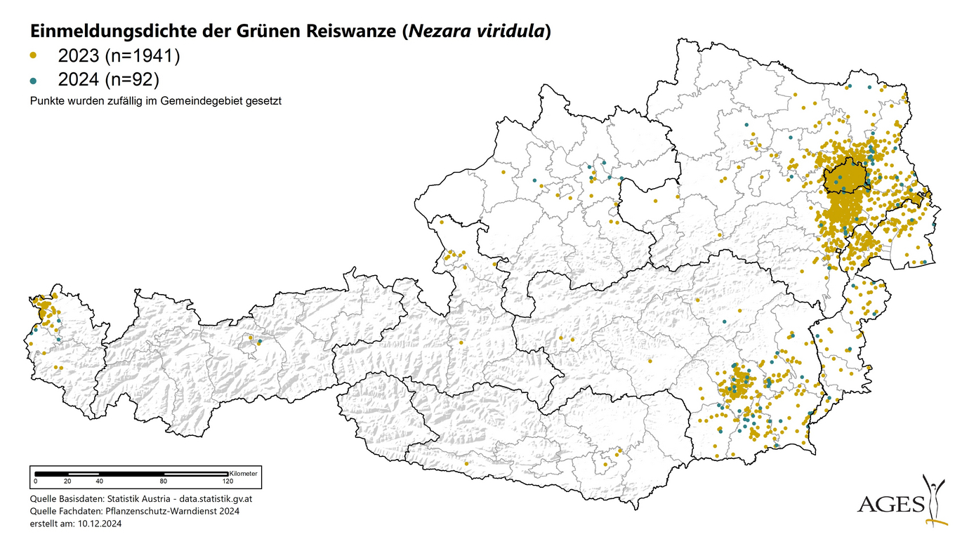 Verbreitungskarte der Grünen Reiswanze in Österreich (Enlarges Image in Dialog Window)