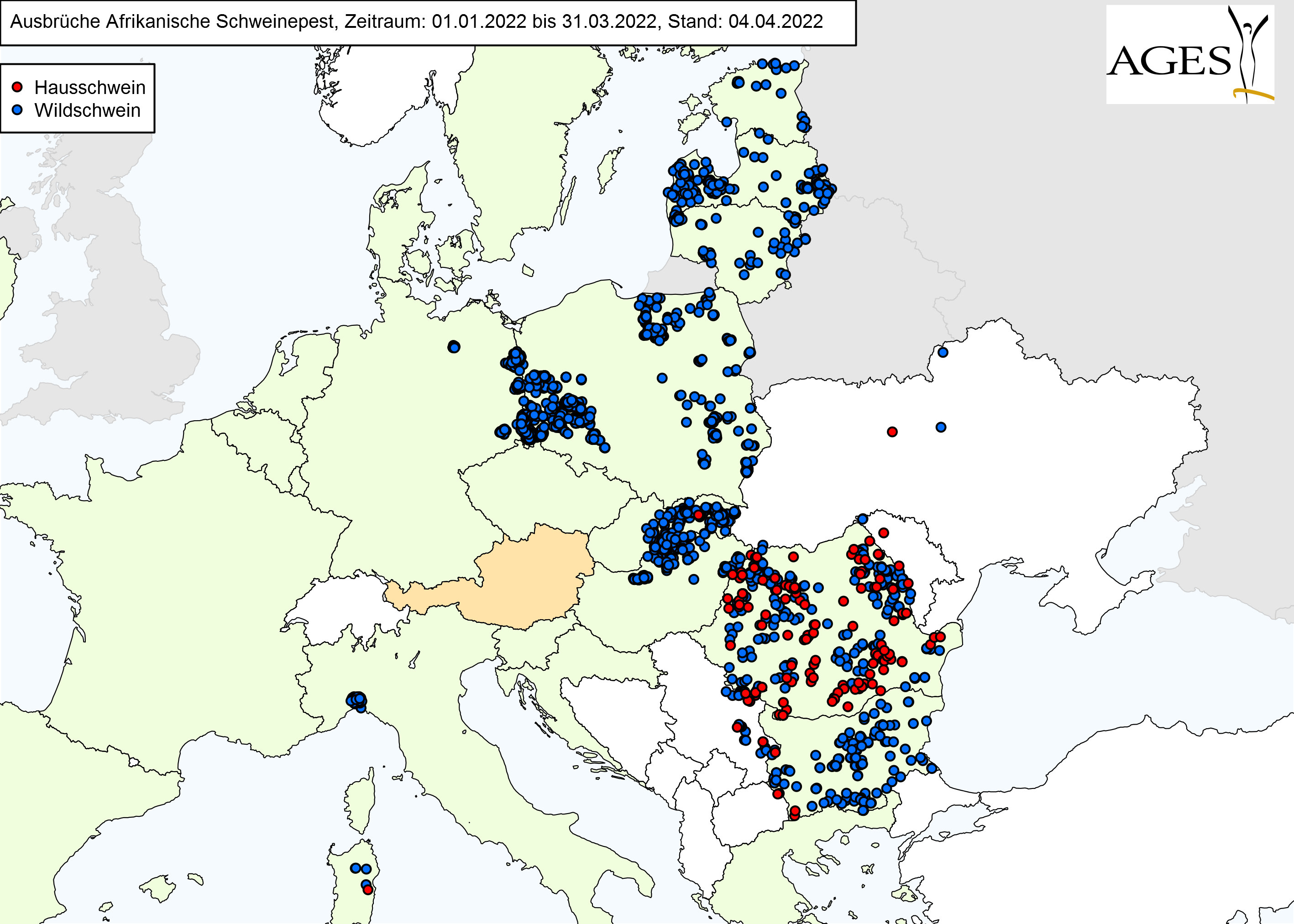 Europakarte zu ASP-Fällen wie in "Situation in Europa" beschrieben.