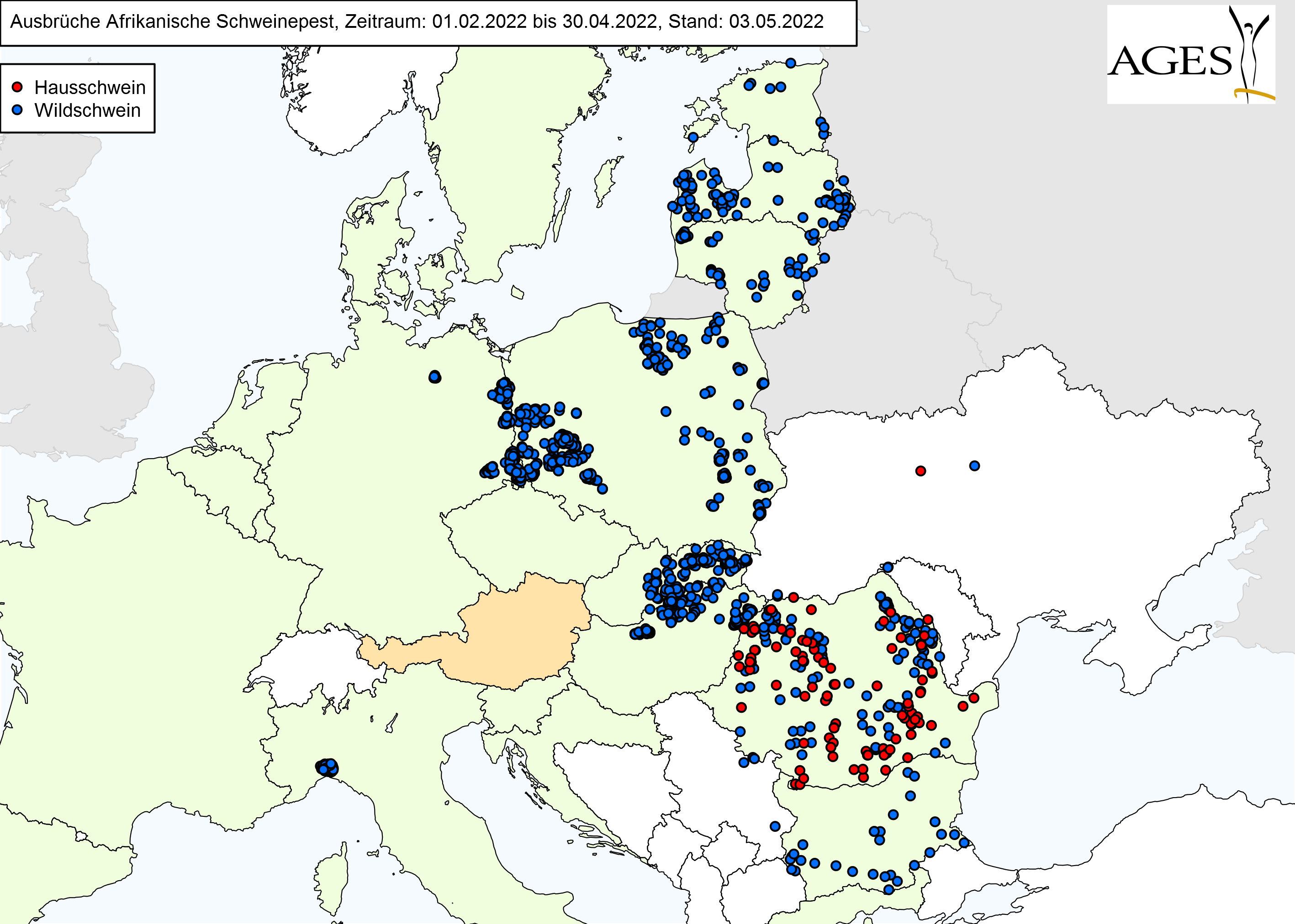 Europakarte zu ASP-Fällen wie in "Situation in Europa" beschrieben.