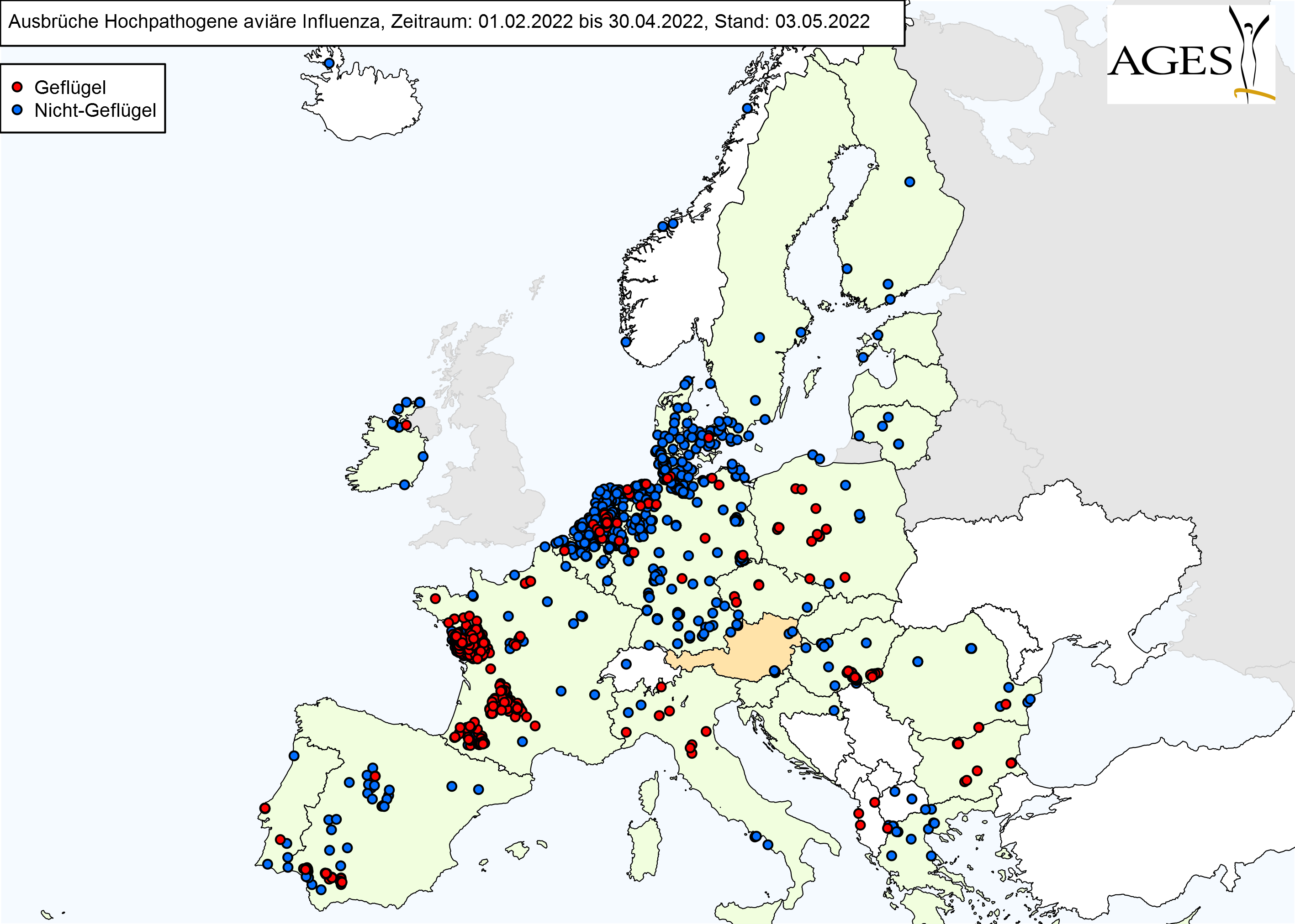 Europakarte zu HPAI-Fällen wie in "Situation in Europa" beschrieben.