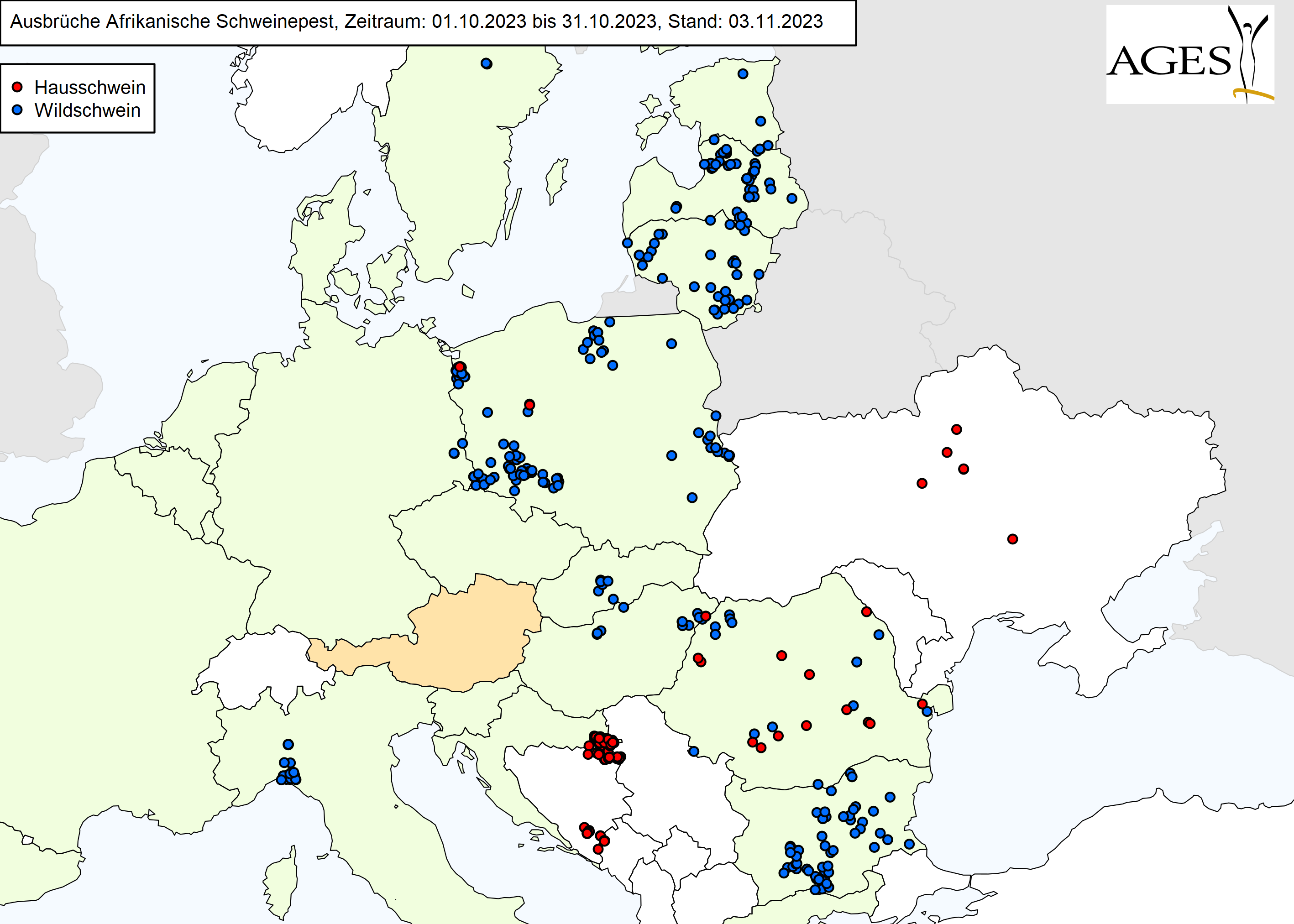 Europakarte zu ASP-Ausbrüche wie in "Situation in Europa" beschrieben.