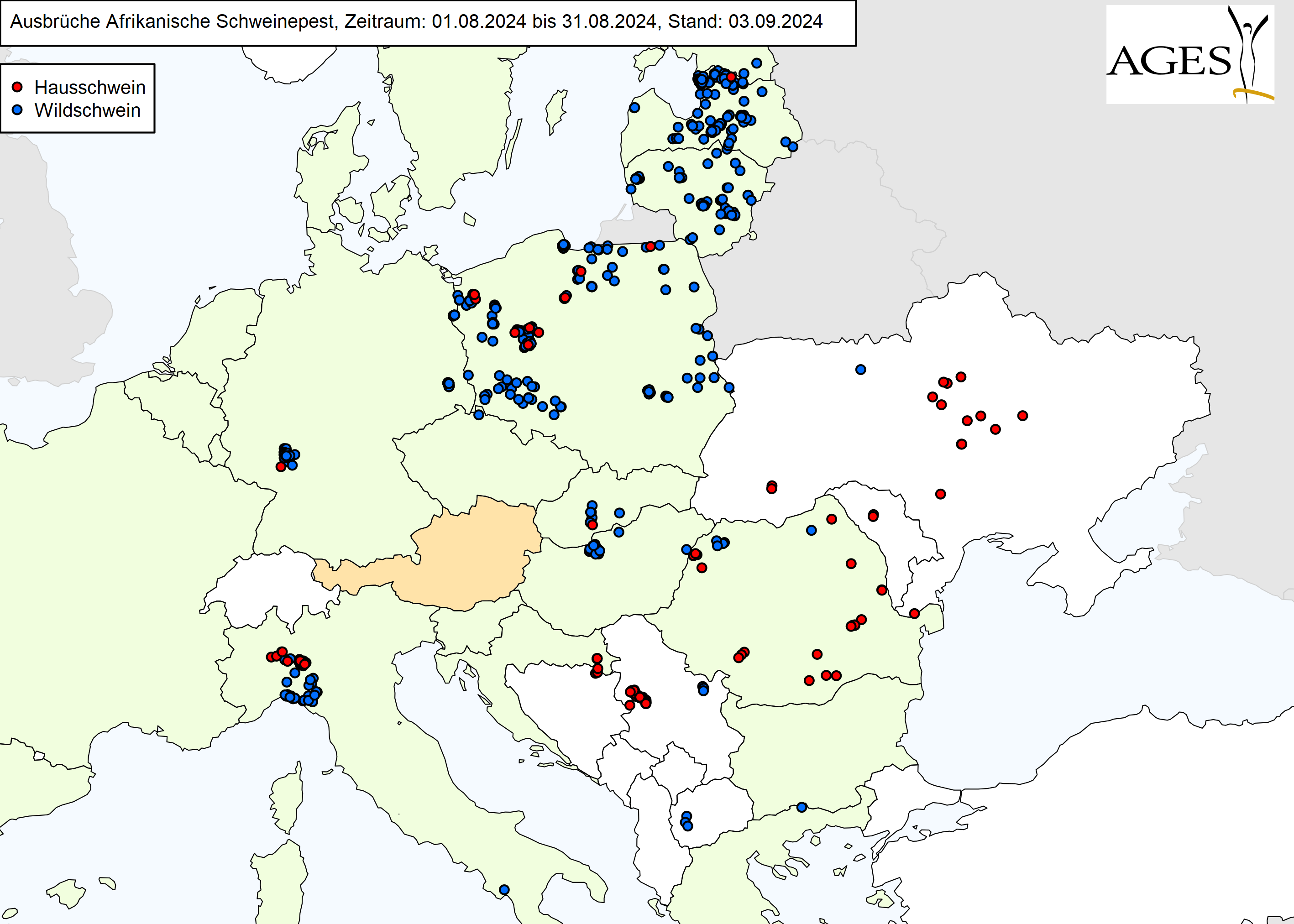 Europakarte zu ASP-Ausbrüche wie in "Situation in Europa" beschrieben.