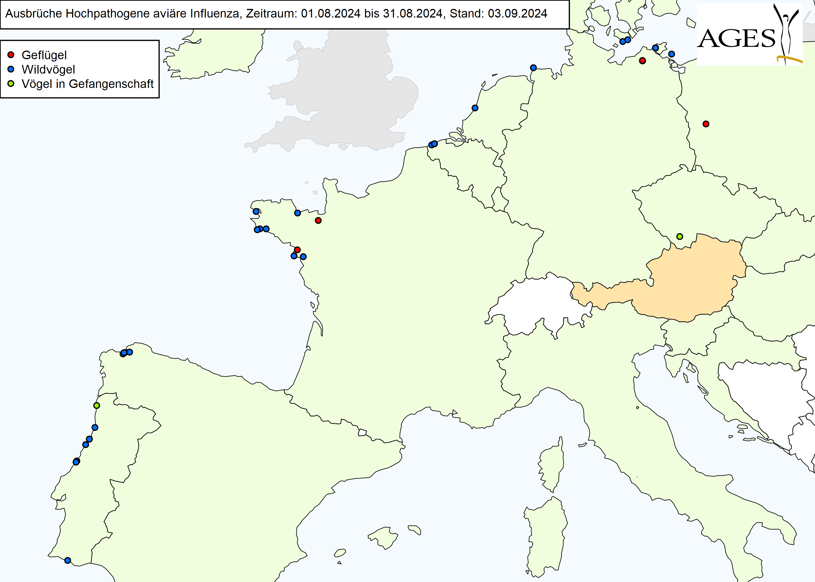 Europakarte zu HPAI-Ausbrüchen wie in "Situation in Europa" beschrieben.