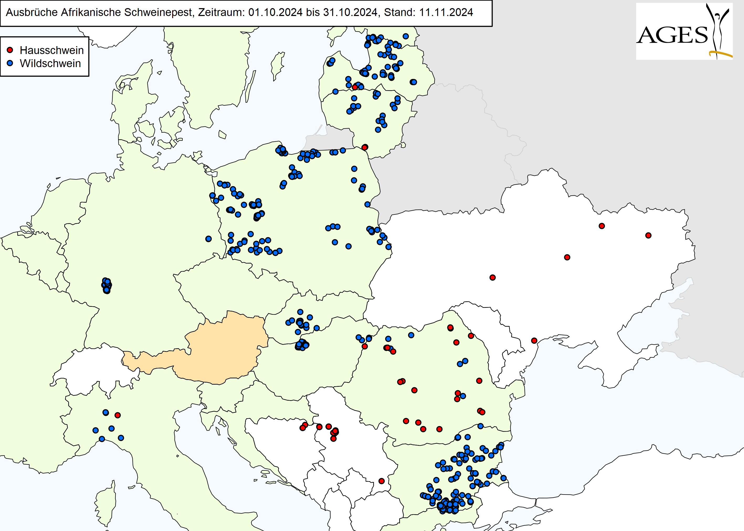 Europakarte zu ASP-Ausbrüche wie in "Situation in Europa" beschrieben.