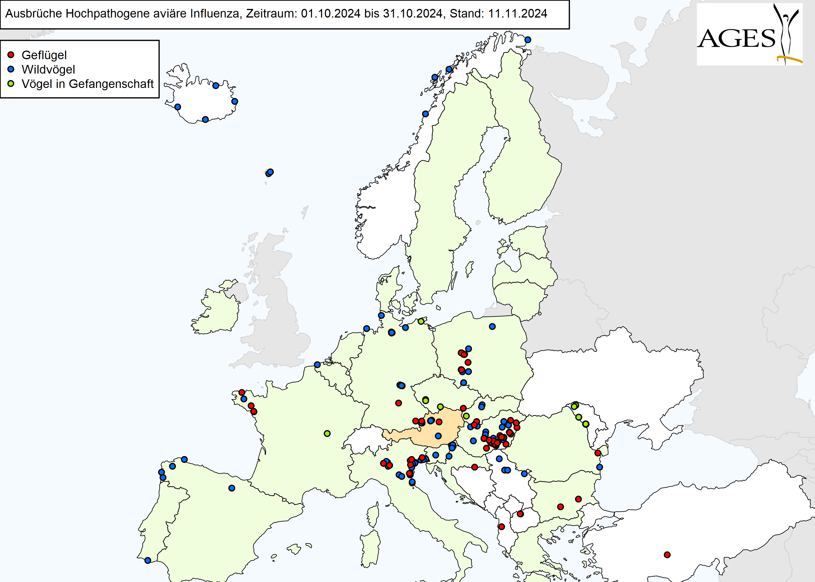 Europakarte zu HPAI-Ausbrüchen wie in "Situation in Europa" beschrieben.