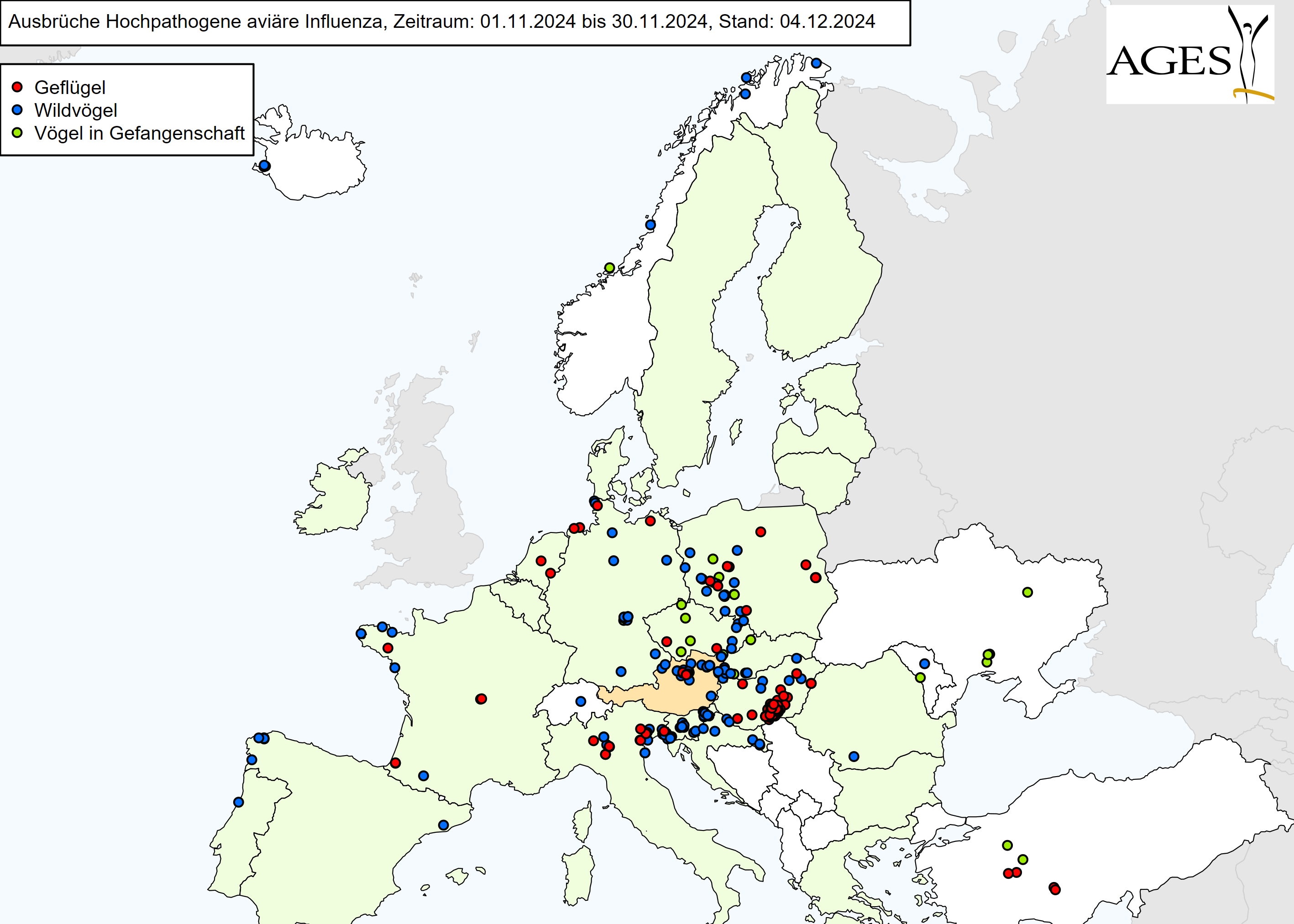 Europakarte zu HPAI-Ausbrüchen wie in "Situation in Europa" beschrieben.